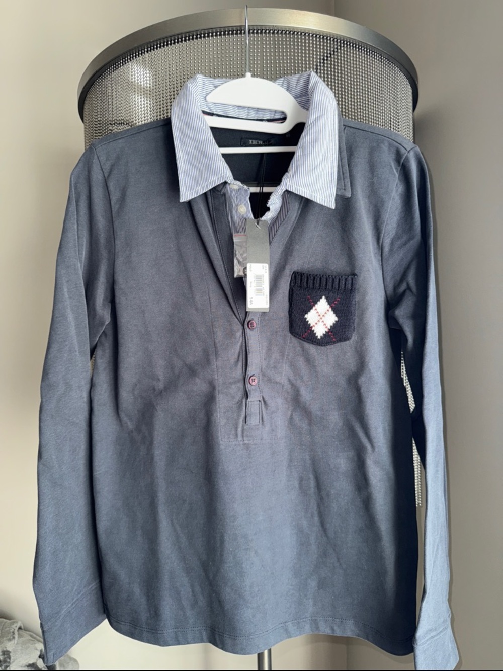 Ikks Navy Long-Sleeve Polo with Light Blue Striped Collar